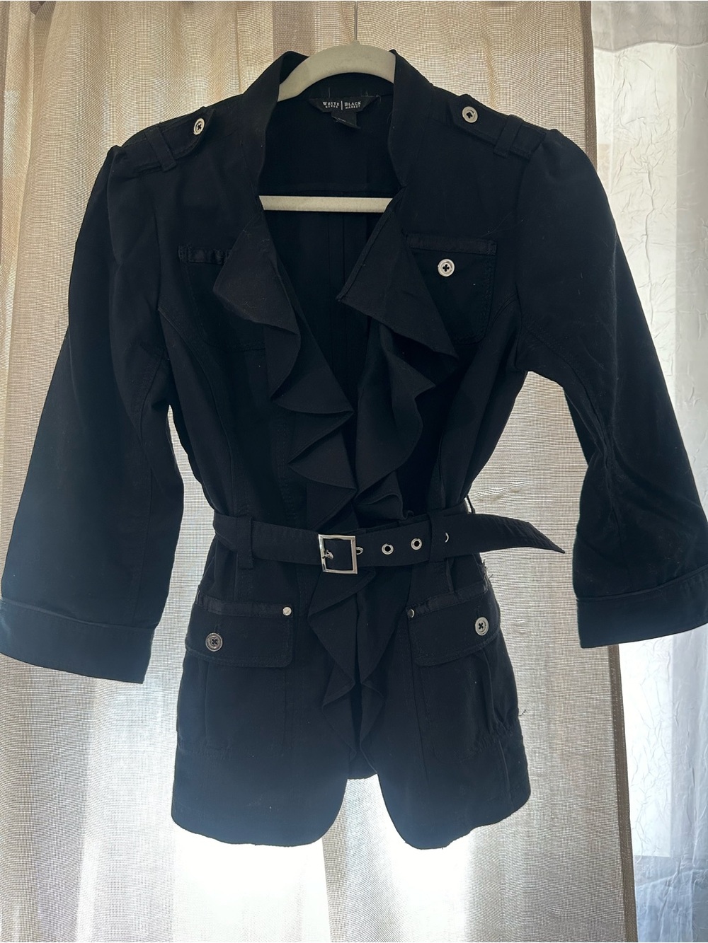 White House Black Market, Black Ruffled Belted Jacket size 6